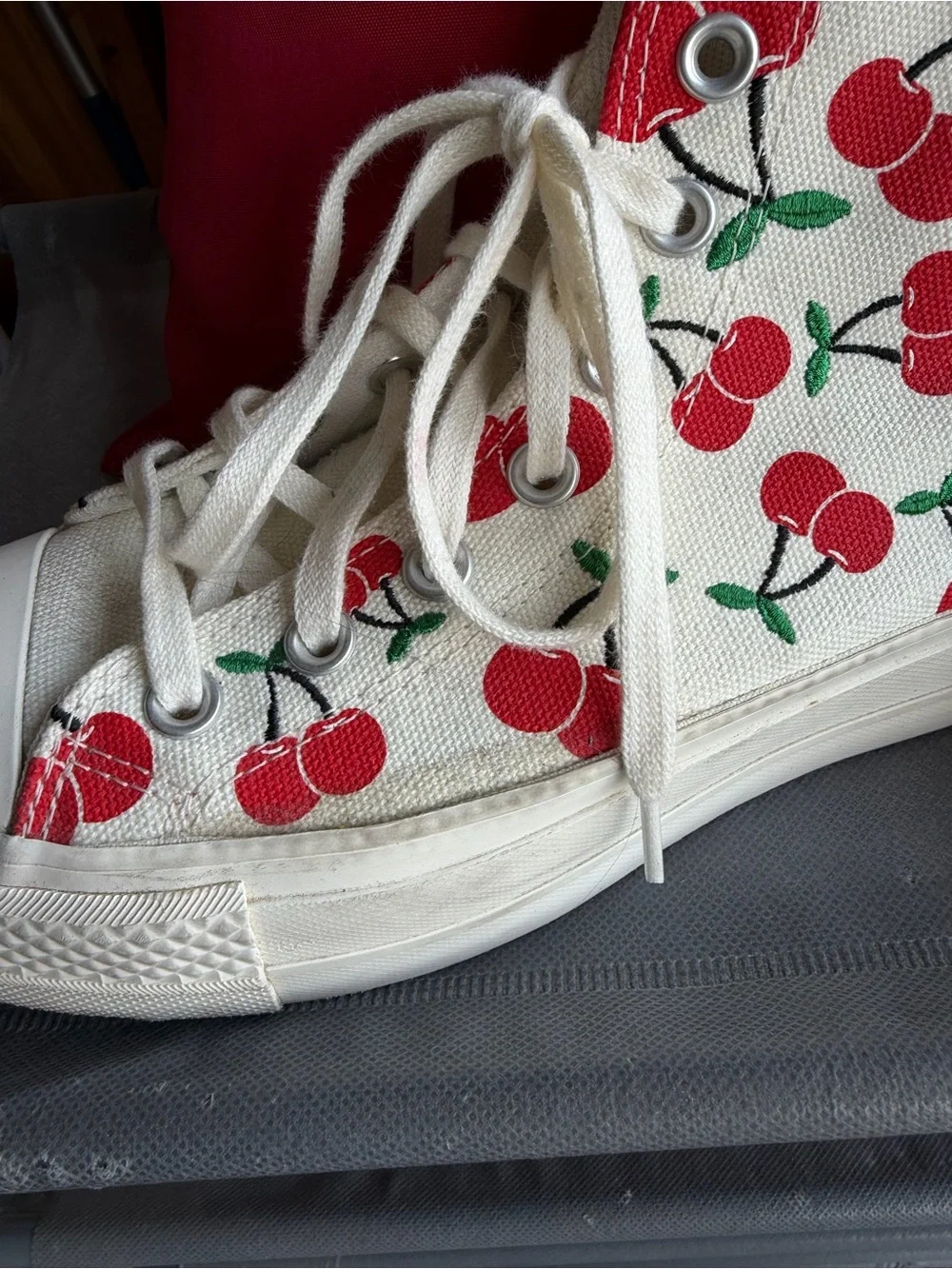 Converse Kids High-Top Canvas Sneakers in Cream with Red Cherry Print